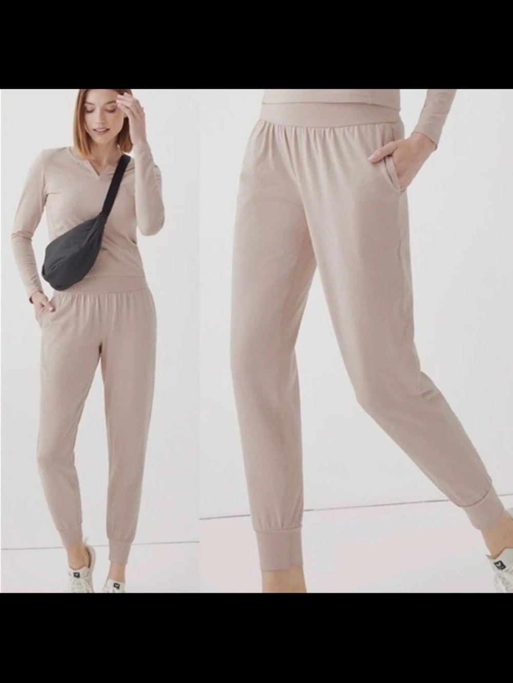 Pact Sand Organic Cotton Avenue High Waisted Jogger Pants Pockets Size L